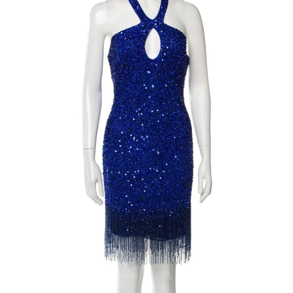 Mac Duggal Royal Blue Sequin Fringe Mini Dress - Picture 1 of 5